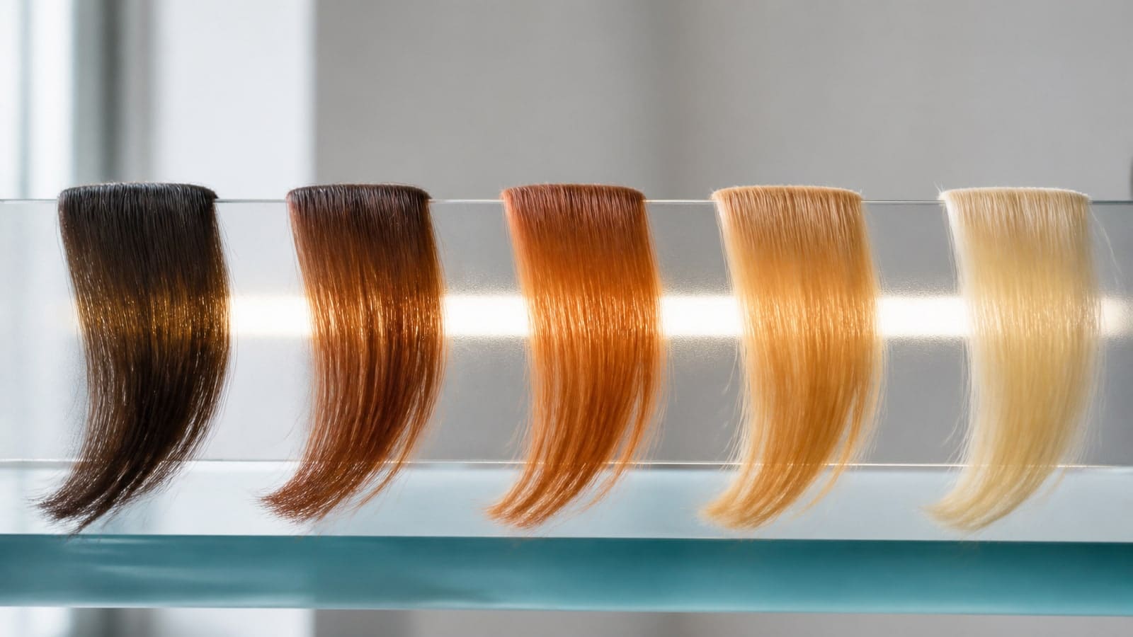 Five real-hair sections progress from deep brunette through reddish-brown, copper-orange, golden yellow, and pale yellow under neutral light
