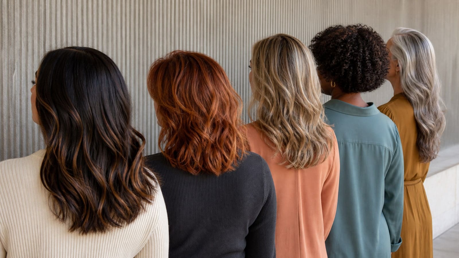 Controlled five-part hair study comparing caramel ribbons, muted copper, creamy beige blonde, deep espresso, and smoky silver blending under the same neutral light