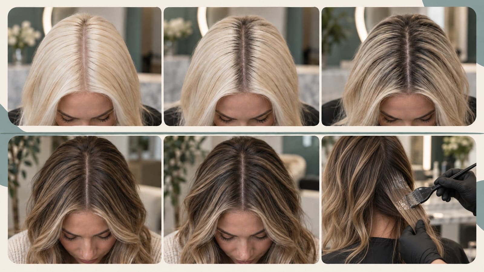 Two rows compare a sharp dark-to-blonde root boundary with softer brunette grow-out; a stylist applies gloss to the client's attached hair in the final panel