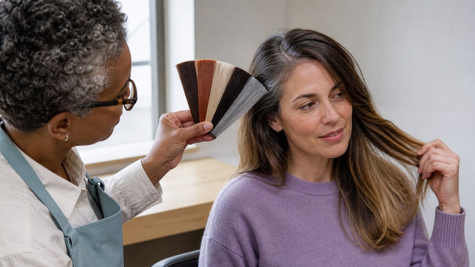 Colorist and client comparing five unbranded hair swatches against the client’s natural brunette root, previously lightened ends, and visible silver at the temple