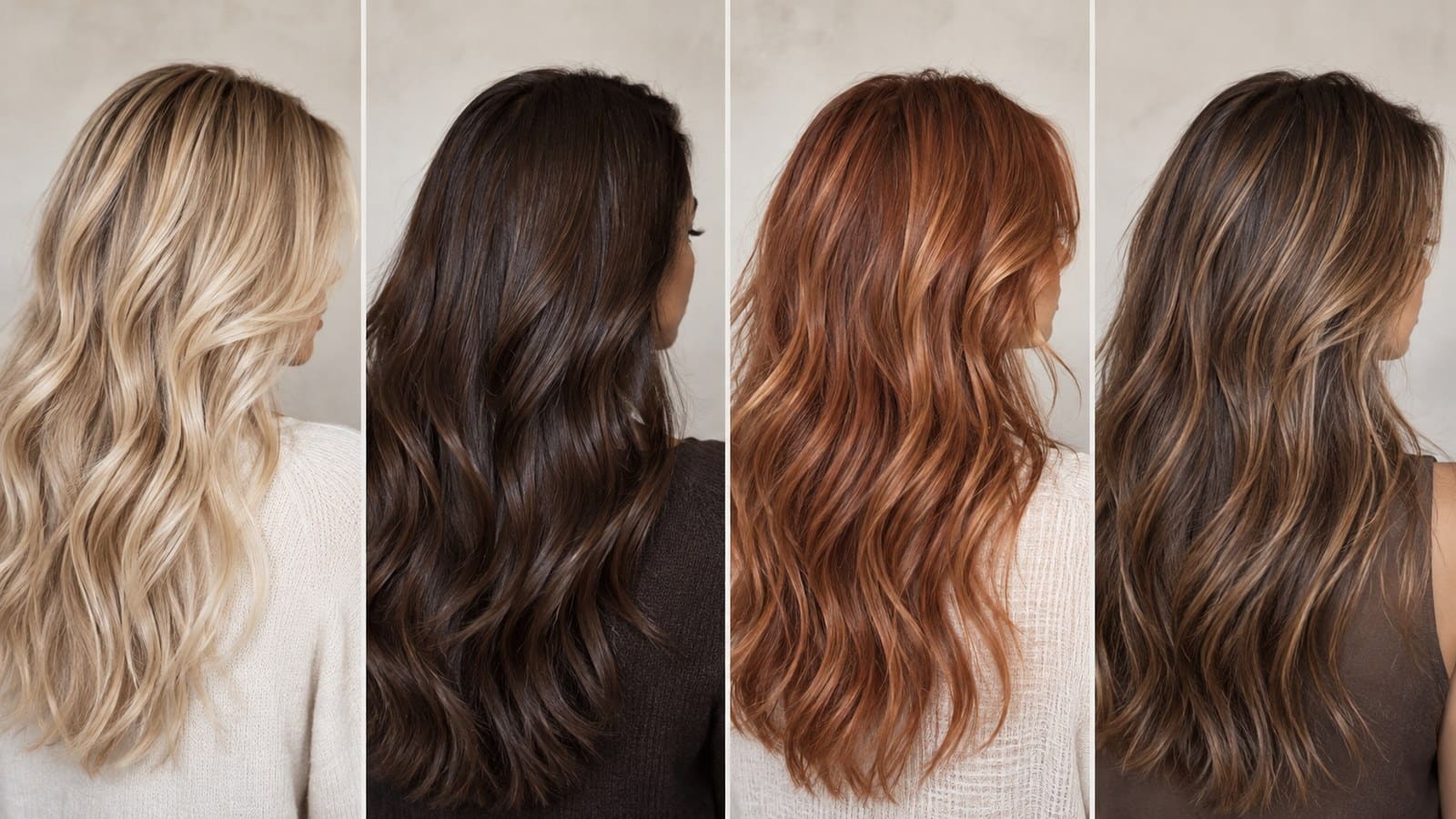 Four equal hair studies under matching light: rooted beige blonde, reflective espresso brown, muted apricot copper, and dimensional mocha chestnut