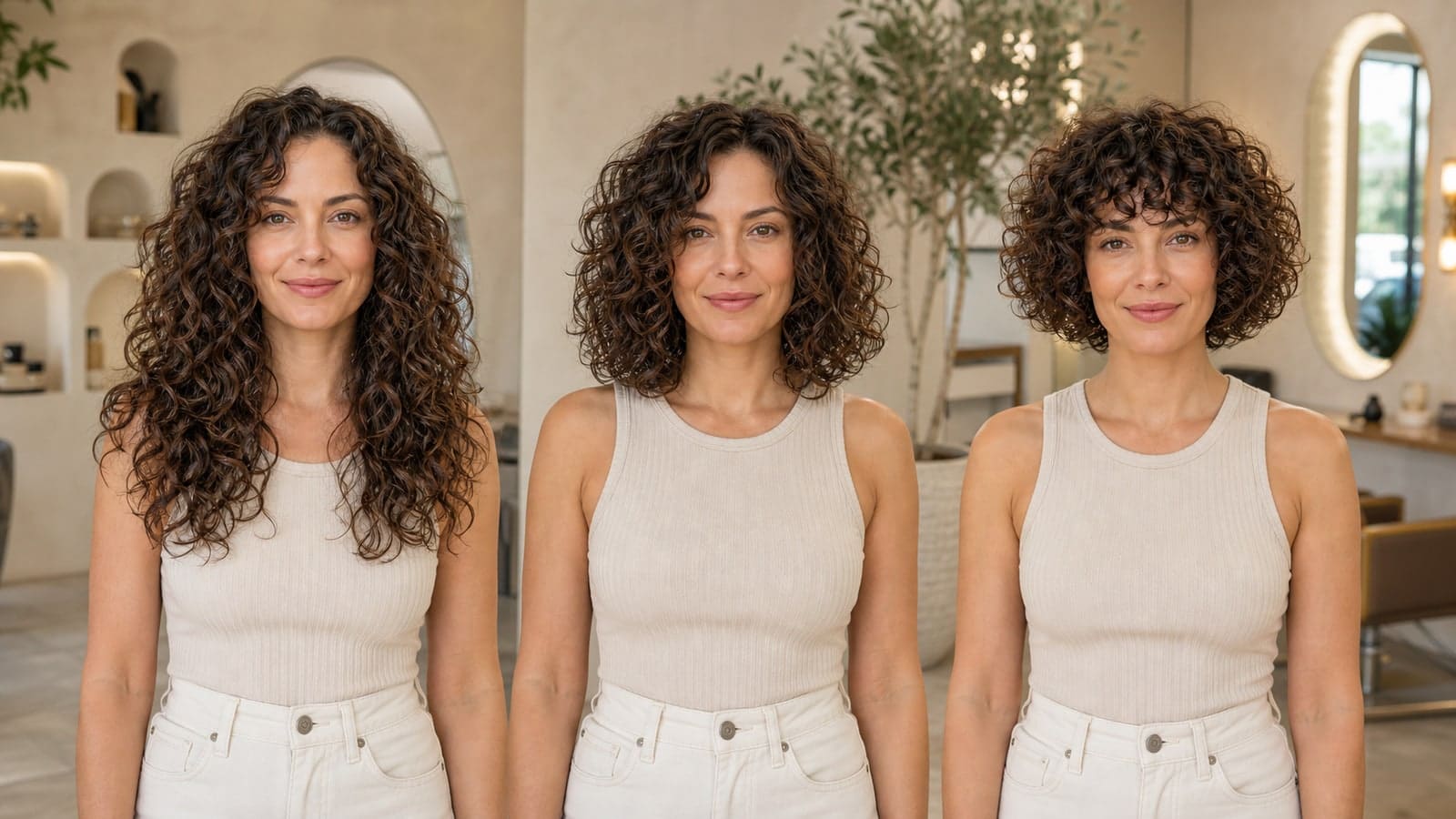 Same-model comparison of best haircuts for curly hair by length and shape silhouettes in one salon scene