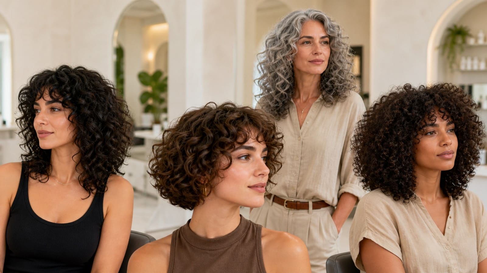 Distinct best haircuts for curly hair by length and shape styling options shown in one salon scene