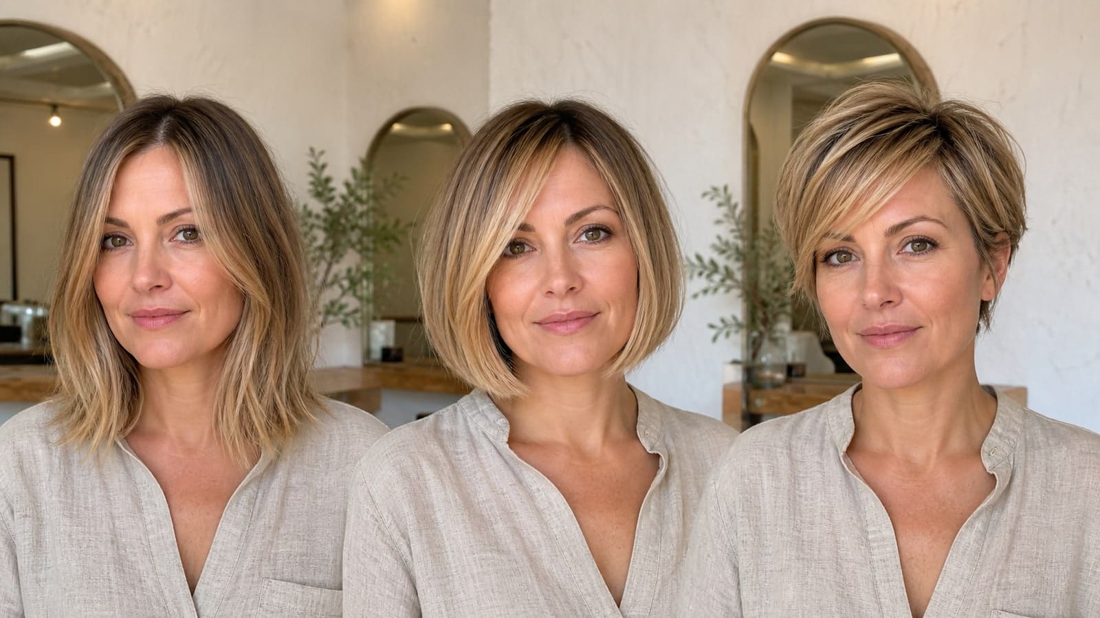 Same-model comparison of best haircuts for fine hair silhouettes in one salon scene