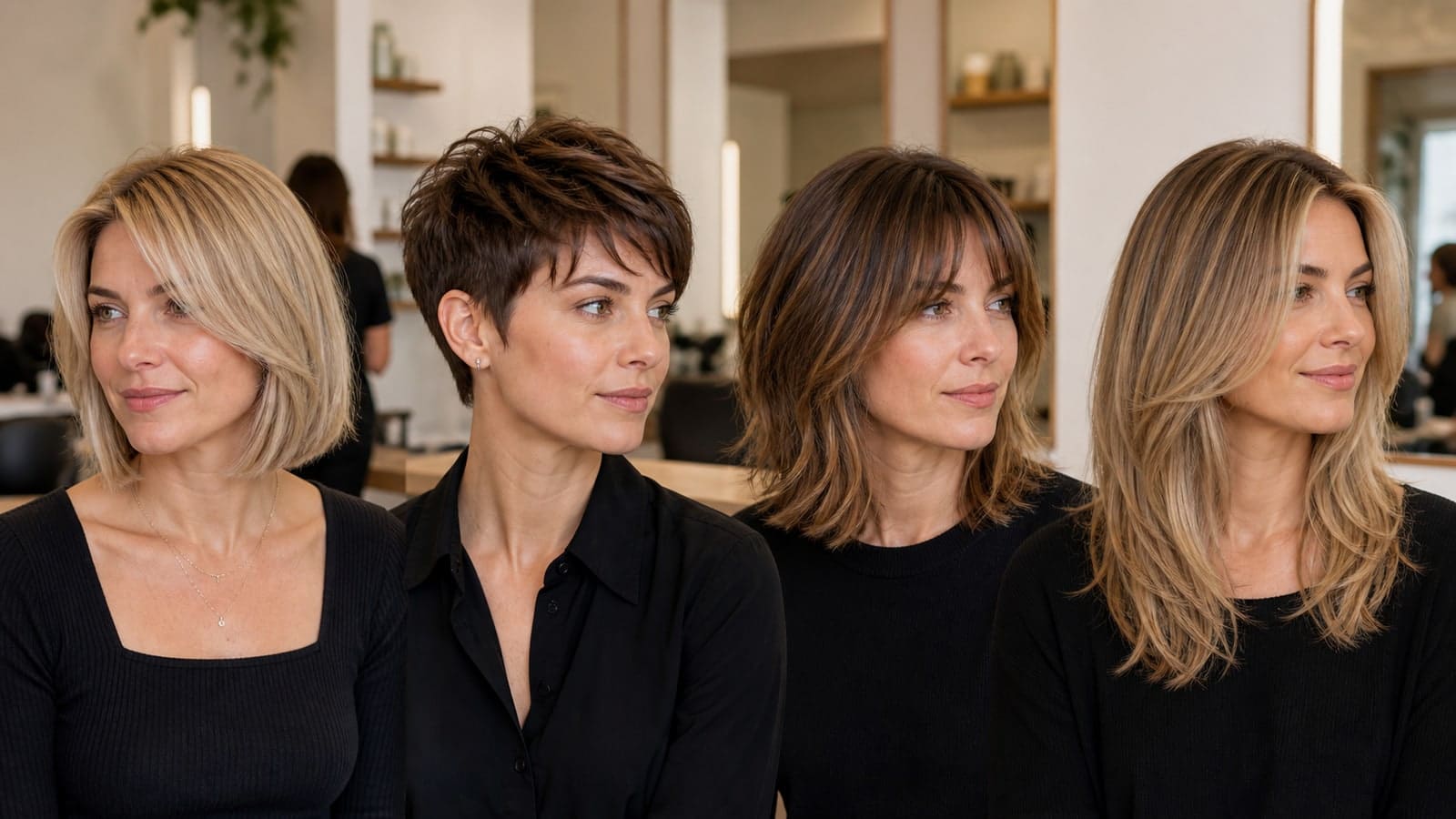 Distinct best haircuts for fine hair styling options shown in one salon scene