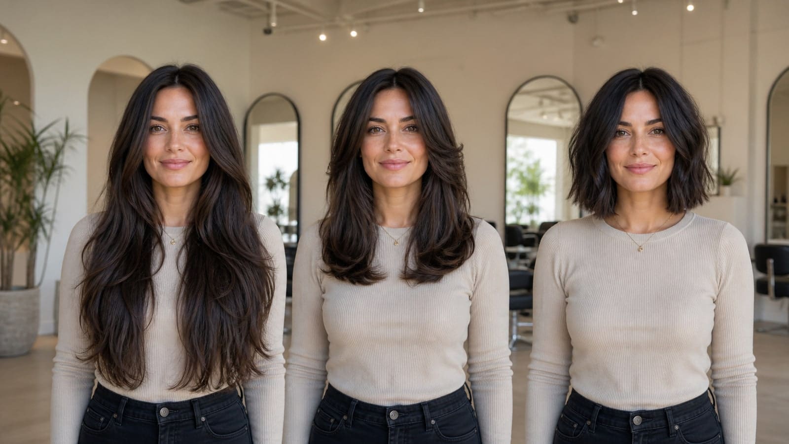 Same-model comparison of best haircuts for thick hair silhouettes in one salon scene