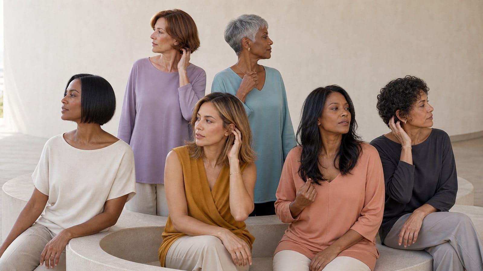 Six adults showing a blunt chin bob, softly layered neck bob, controlled-crown pixie, full-ended collarbone cut, lightly layered medium cut, and short curly low-density shape