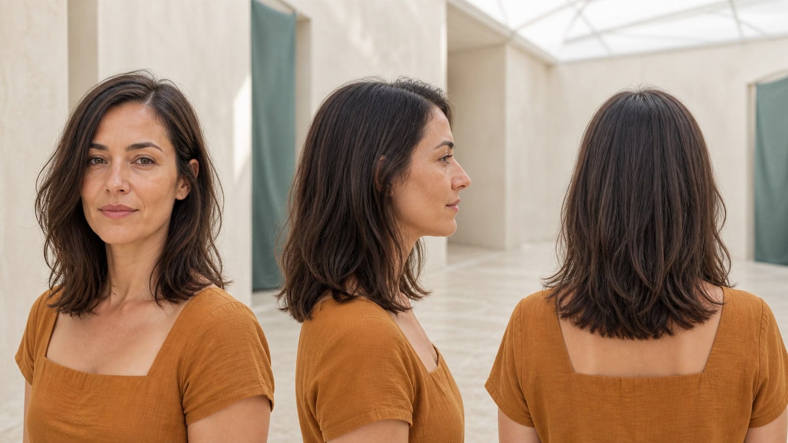 Front, profile, and back views of a low-density collarbone haircut with a full perimeter, long side layers, soft side part, and modest crown volume