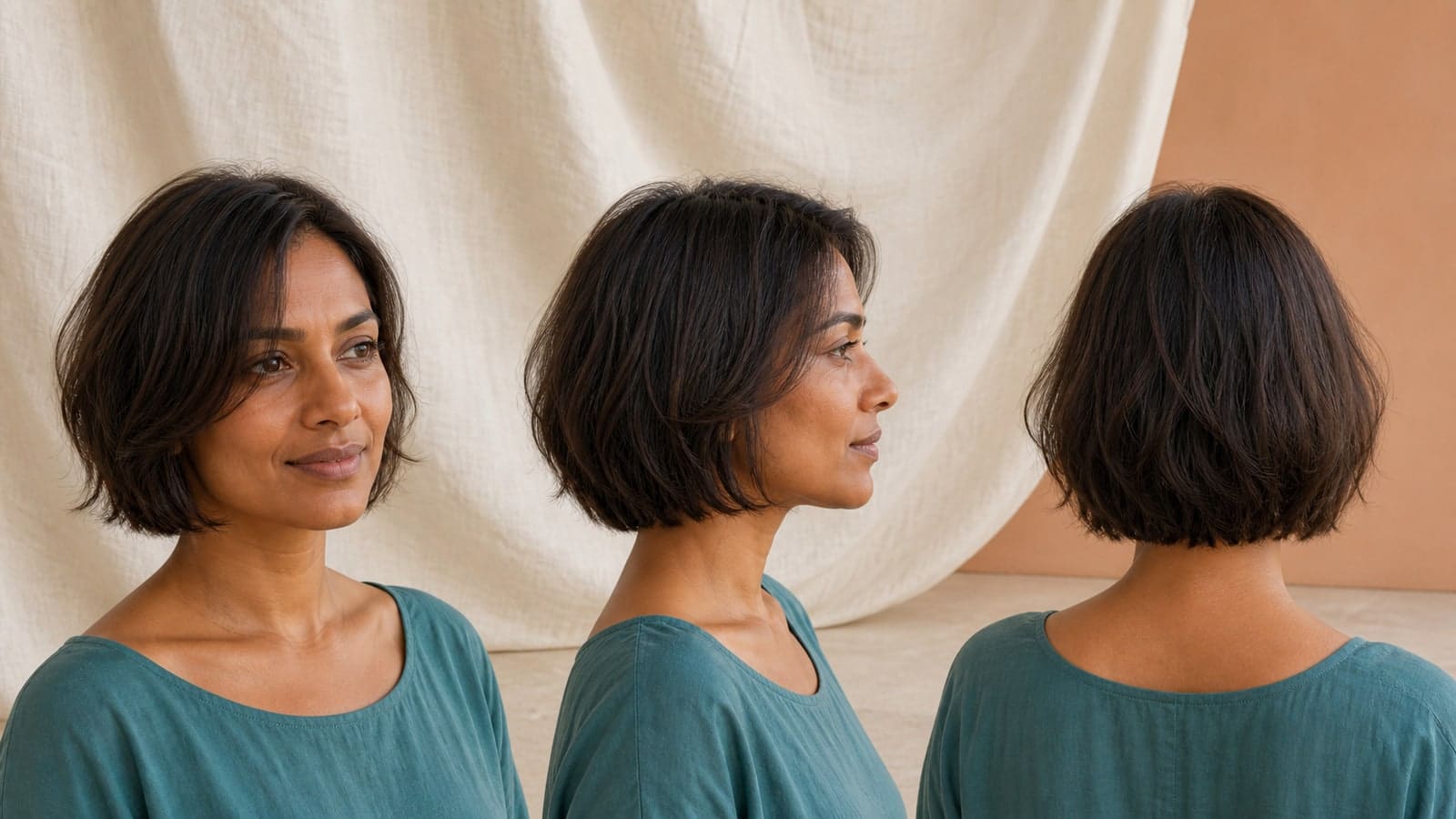 Front three-quarter, exact profile, and back views of a low-density neck bob with a softly compact perimeter, cheek-length side layers, off-center part, and lower-side volume