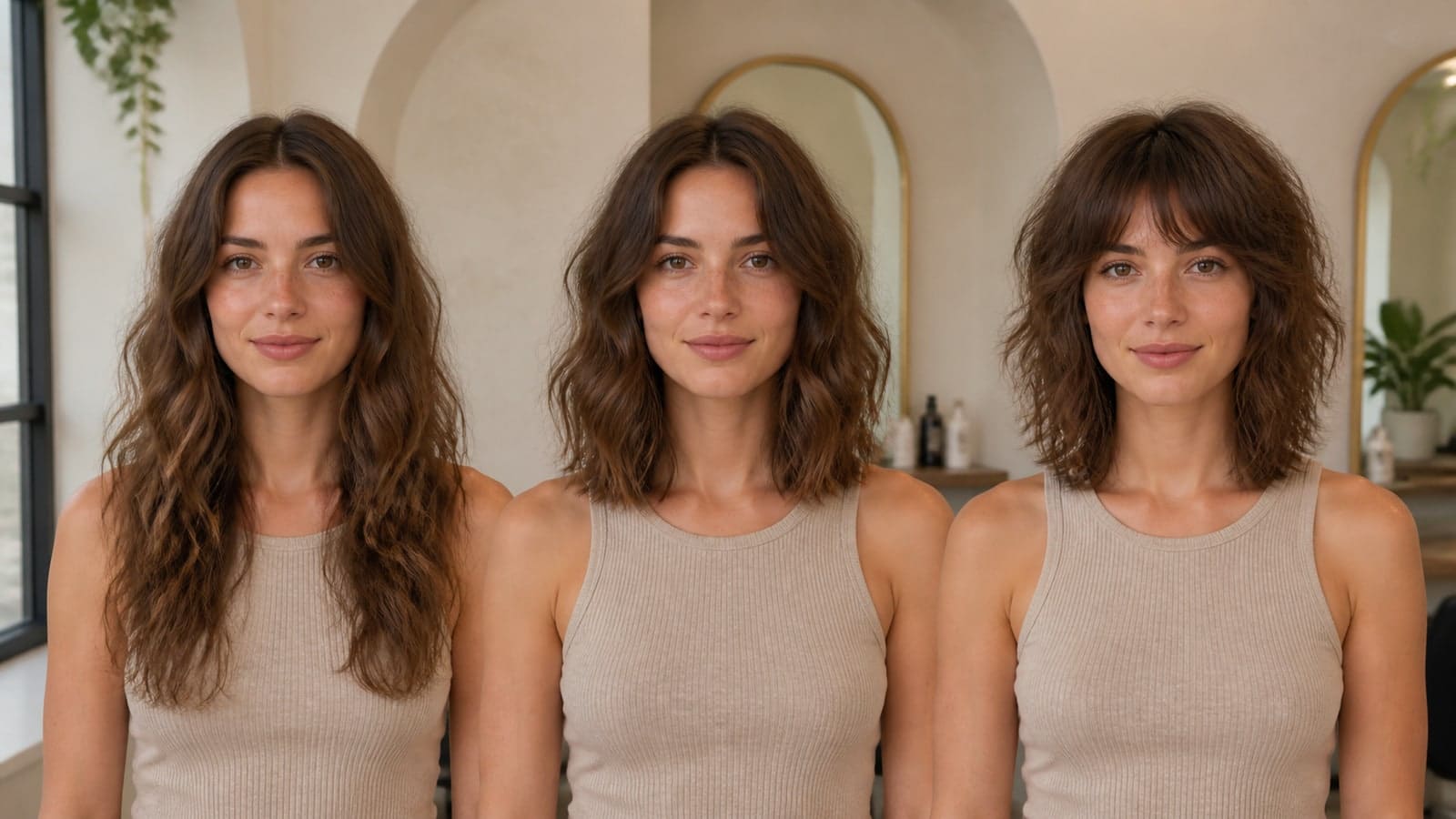 Same-model comparison of best haircuts for wavy hair silhouettes in one salon scene