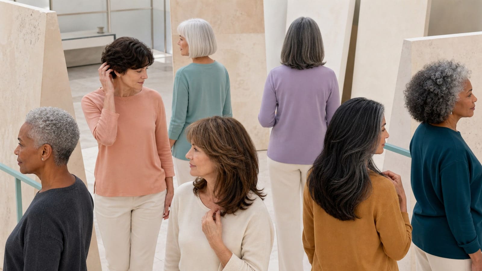 Seven women over 50 showing a silver coily crop, dark wavy bixie, white blunt bob, salt-and-pepper shoulder lob, brown layered medium cut, long dark layers with gray ribbons, and rounded silver curly shape