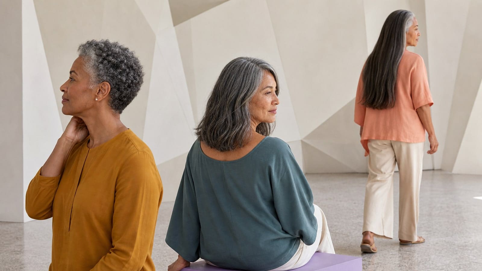 Three women over 50 showing a silver coily crop in profile, a salt-and-pepper wavy shoulder cut from the side, and long straight dark hair with silver ribbons from the back