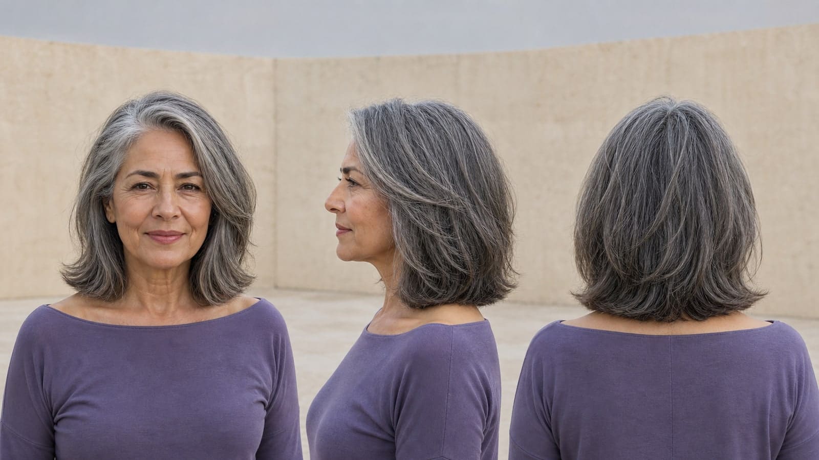 Front, exact profile, and back views of the same silver-charcoal wavy shoulder lob with an off-center part, cheek-length layers, a full perimeter, and lower-side volume