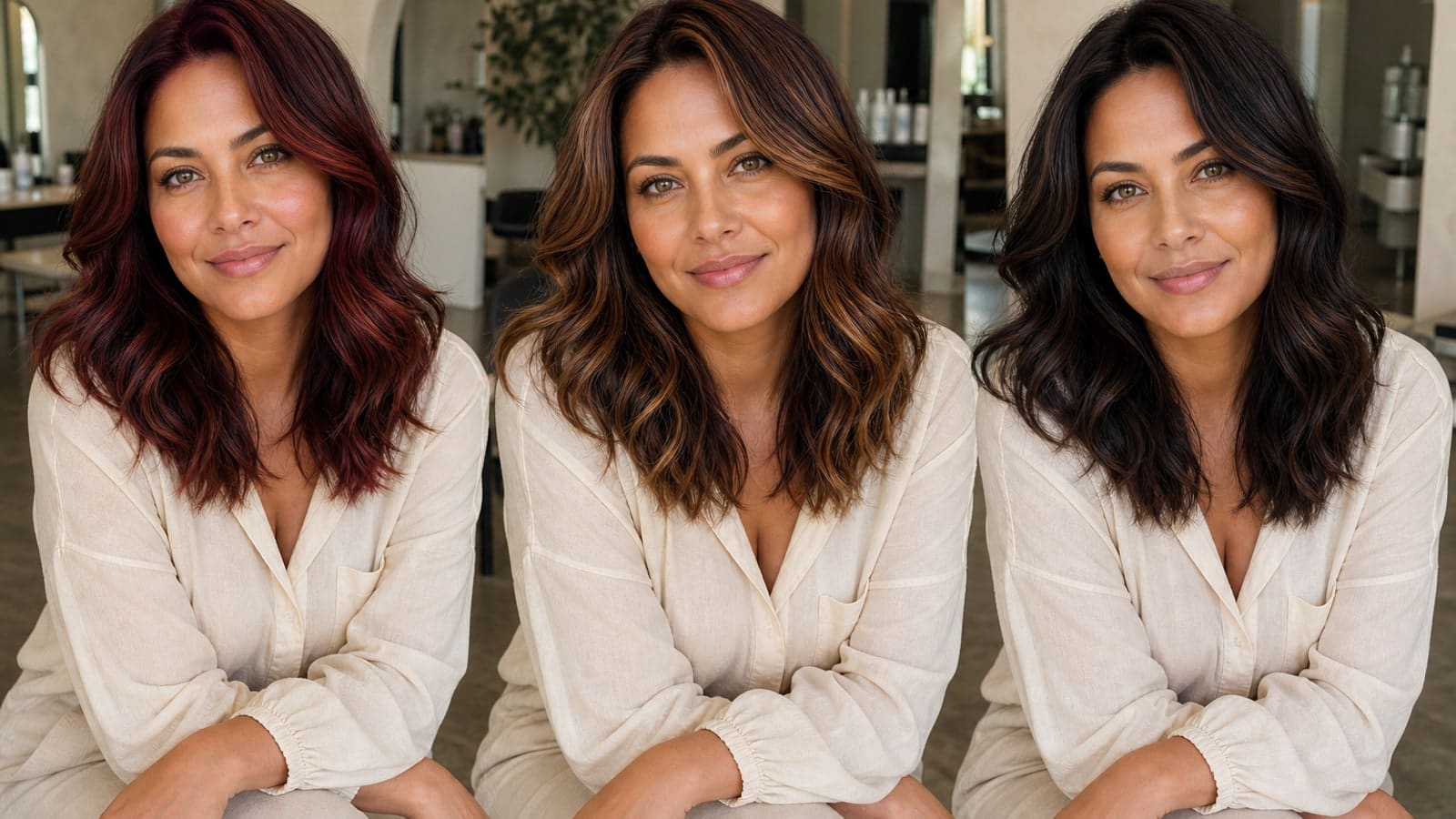 The same hazel-eyed Latina woman with mid-length waves shown in auburn-burgundy, caramel-cinnamon, and chocolate-espresso hair under one salon light