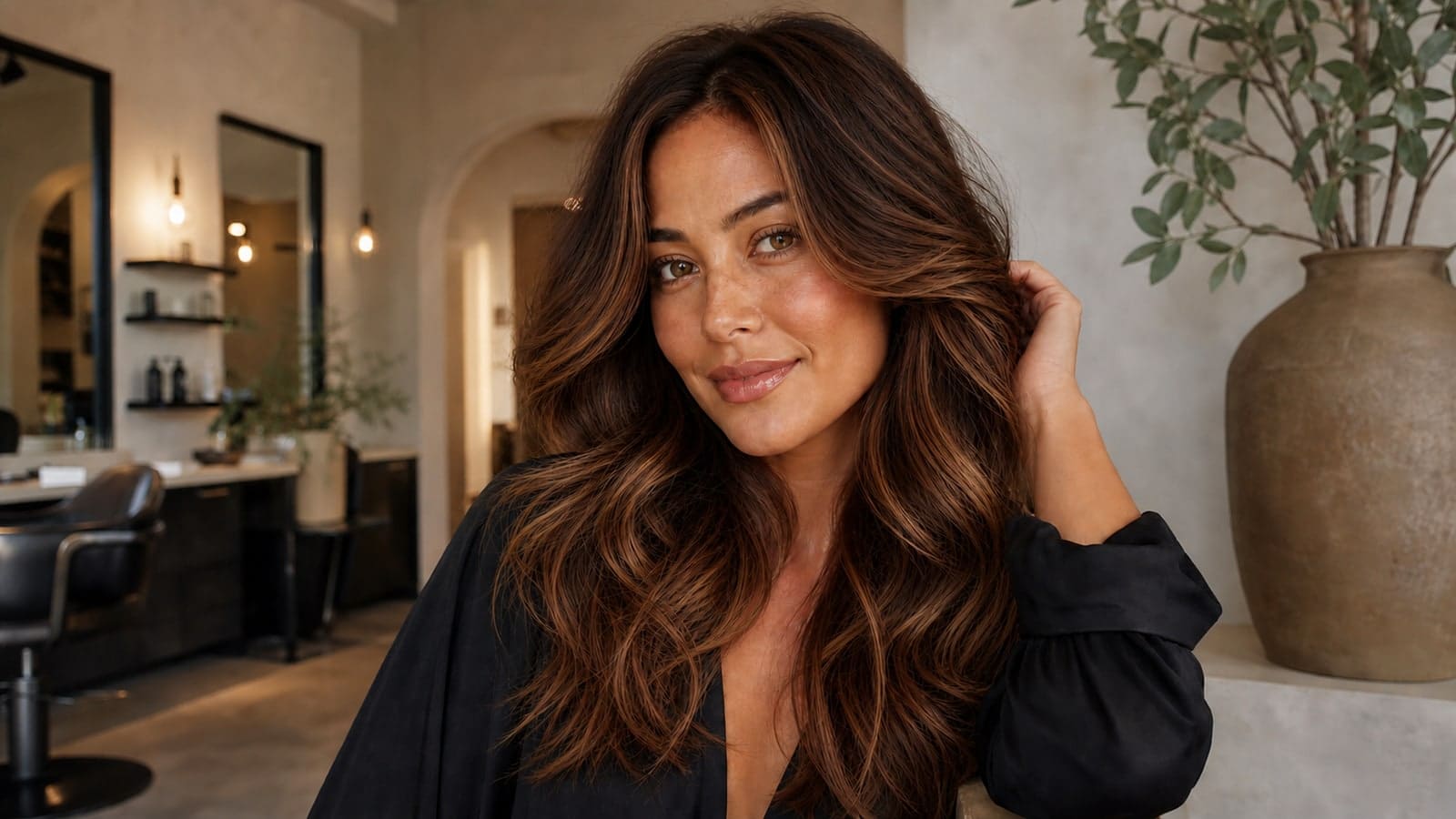 Hazel-eyed woman with long mocha-chestnut waves and subtle auburn dimension in a cream salon