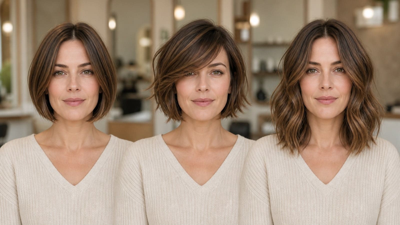Three views of one woman in a salon with a sleek chin-length bob, a short side-swept bob, and a longer layered hairstyle