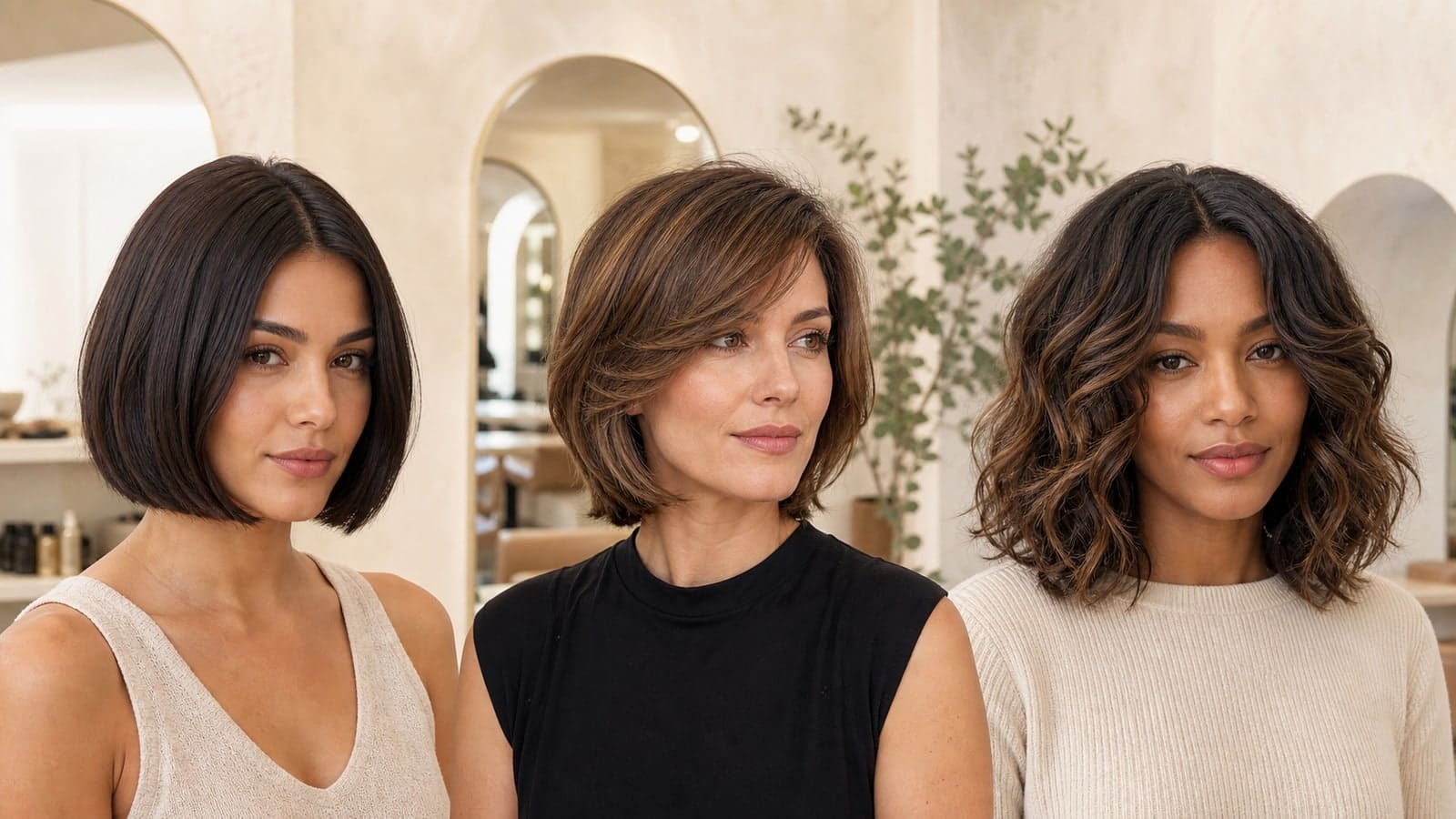 Three women in a salon with a chin-length bob, a short layered bob, and a shoulder-length wavy hairstyle