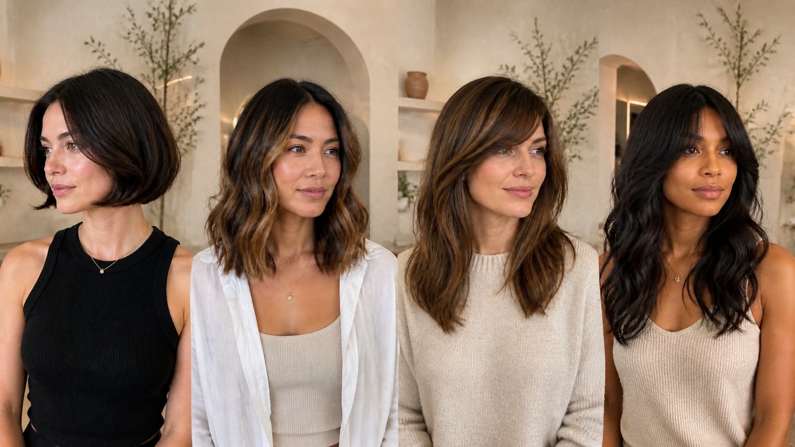 Four women in a salon with a short bob, wavy shoulder-length hair, long layered hair, and long dark hair with a fringe