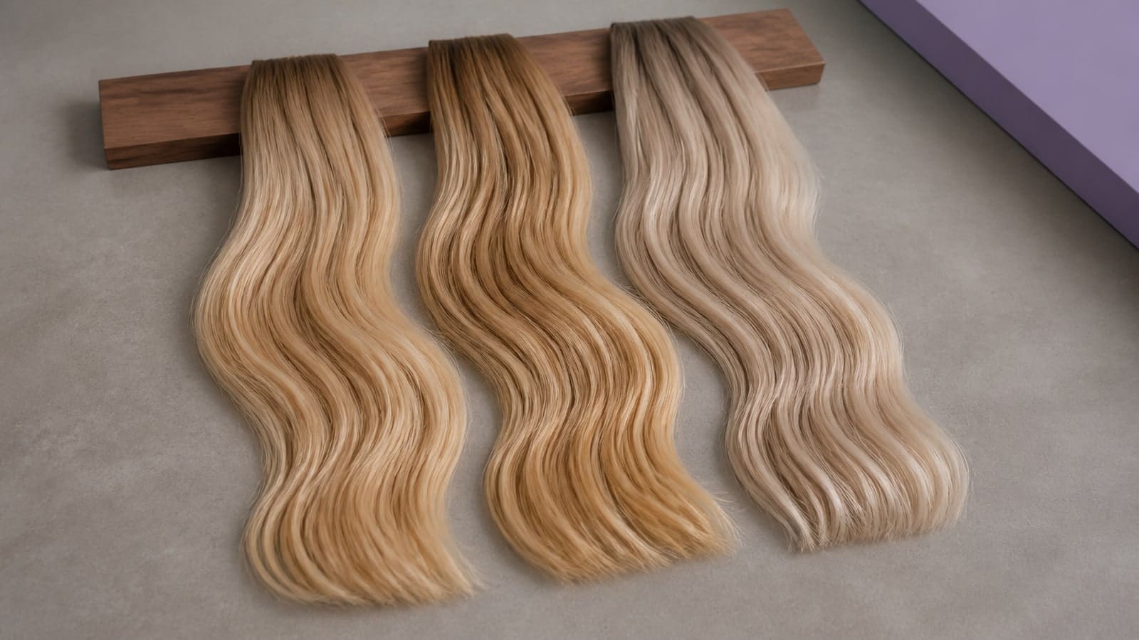 Three equal-depth hair tresses showing Light Spring warm-clear beige, Warm Spring honey-gold, and Light Summer pearl-beige reflections