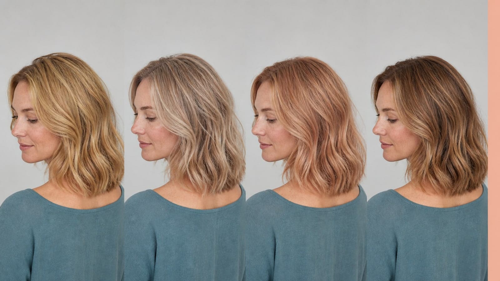 One woman shown in four controlled profile views with light golden blonde, warm beige blonde, strawberry blonde, and light honey-brown waves
