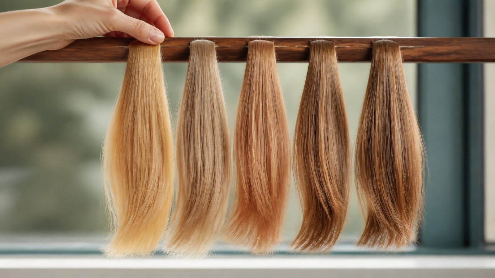 Five realistic hair tresses in light golden blonde, warm beige blonde, strawberry blonde, light honey brown, and soft golden-highlight directions