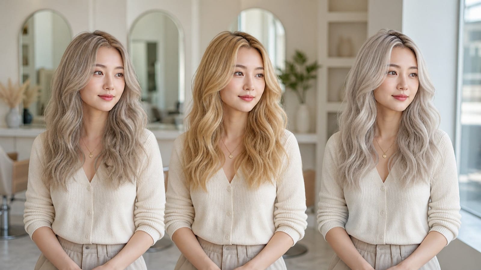 The same woman at equal light-blonde depth with soft cool-neutral, golden, and icy-clear hair reflections