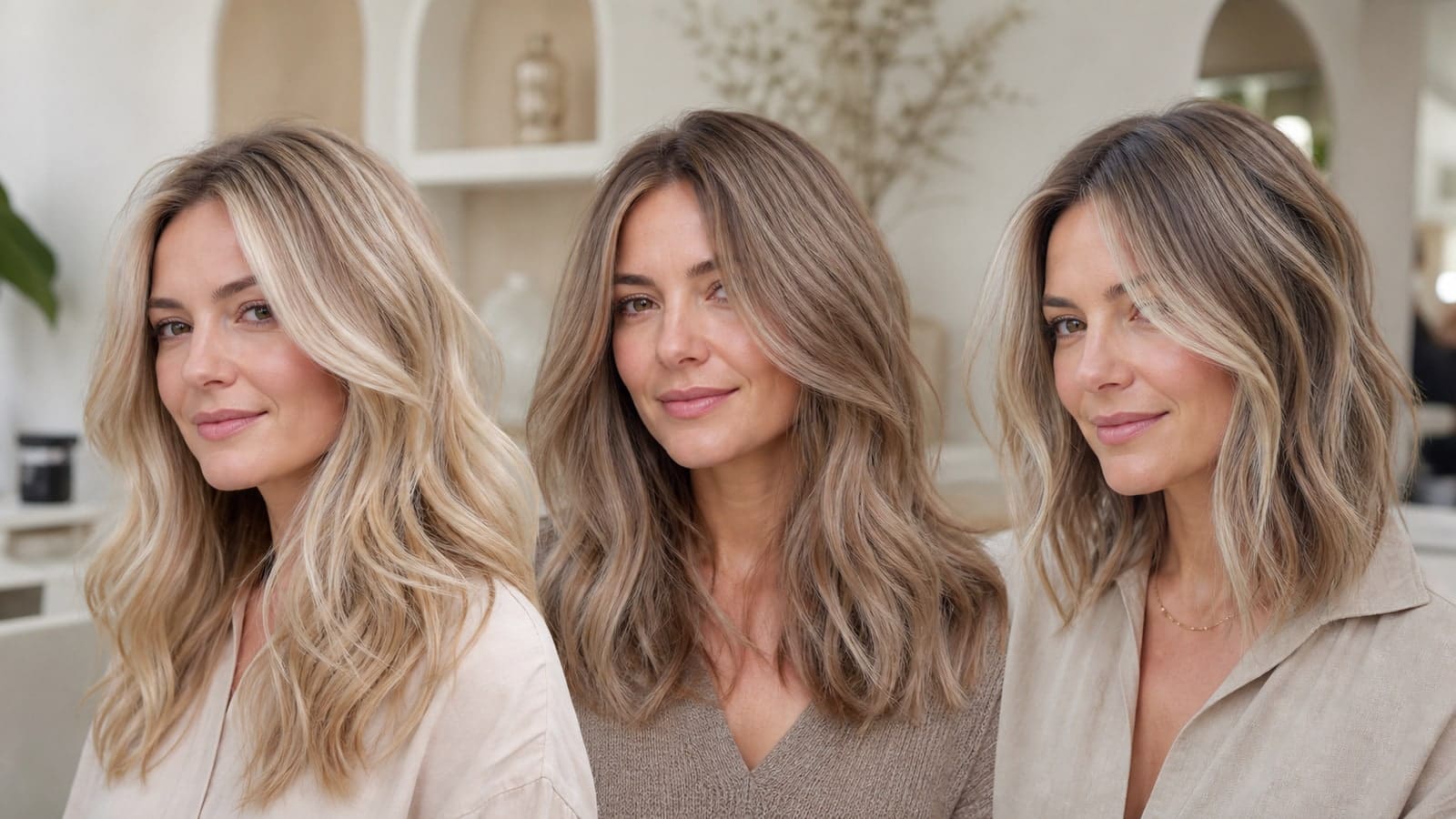 Three women in a salon with pearl-blonde, mushroom-blonde, and pale bronde Light Summer hair