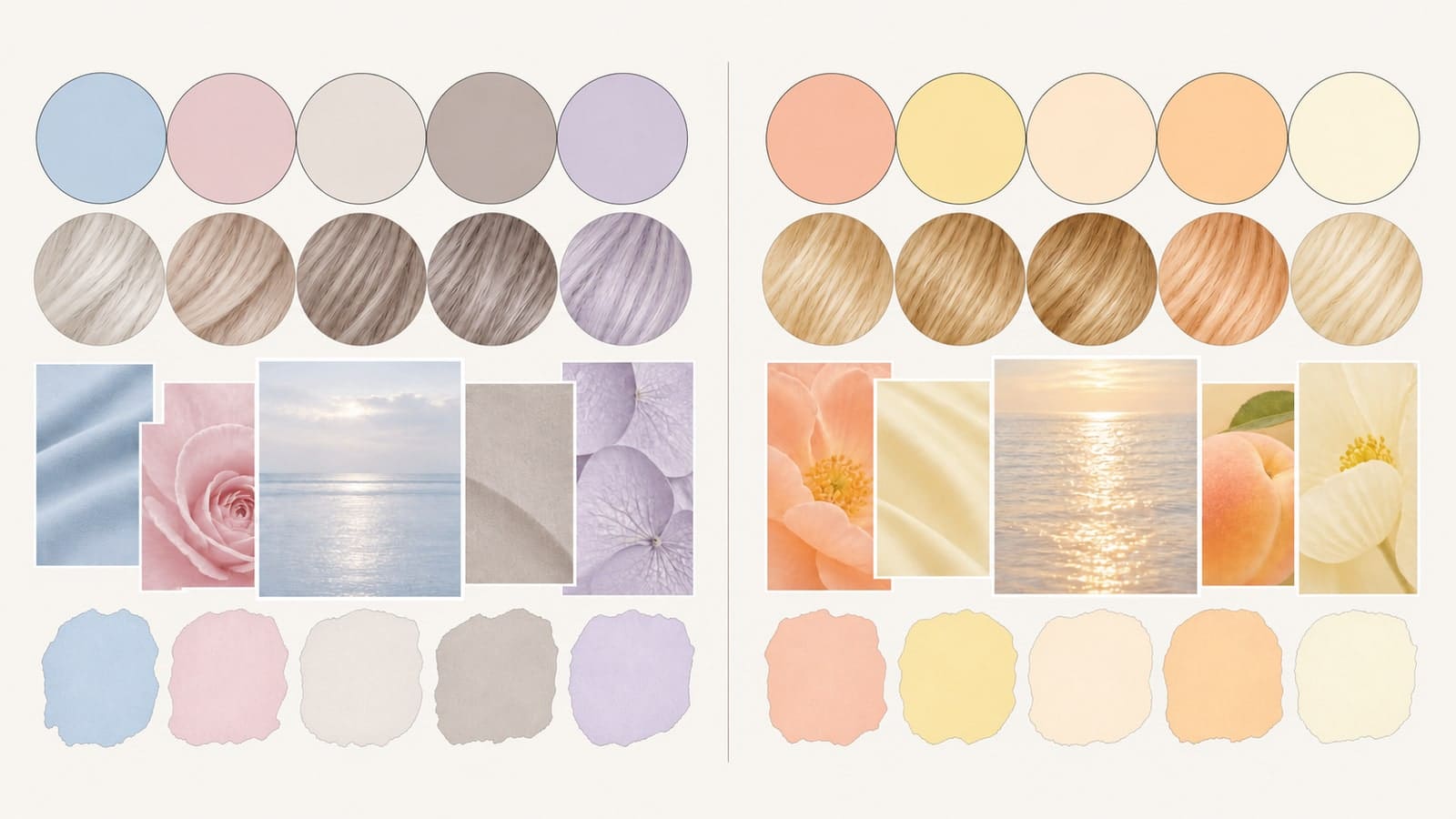 Side-by-side light palettes: powder blue, rose, pearl, and taupe beside peach, honey gold, and warm cream