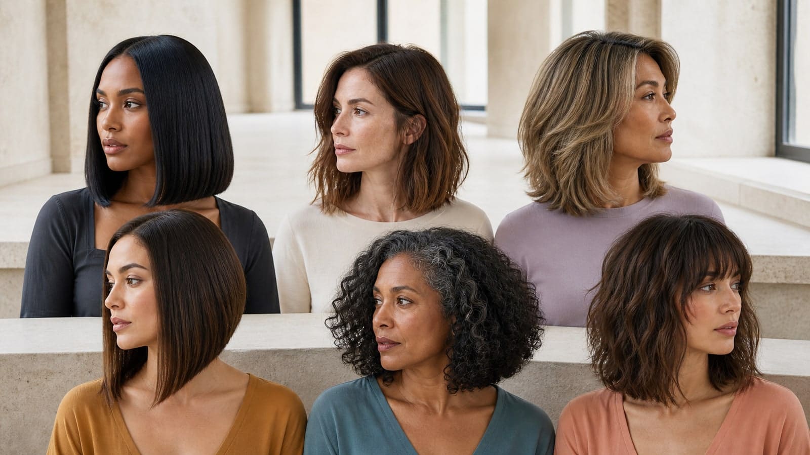 Six adults showing a blunt black lob, softly textured chestnut lob, layered dark blonde lob, angled brown lob, rounded curly lob, and long bob with bangs