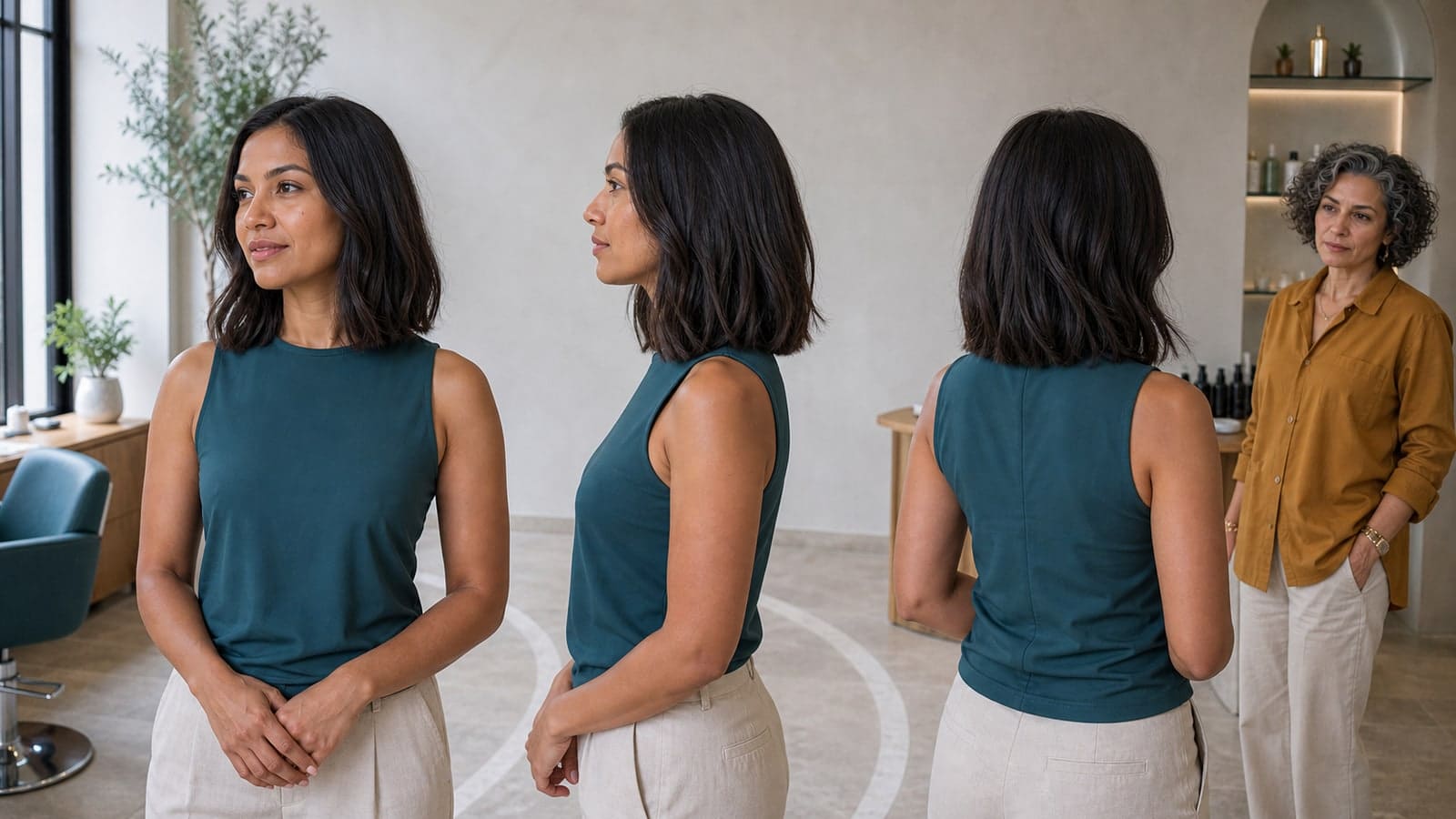 Front, profile, and back views of a dark brown long bob with a collarbone-length dry perimeter, softly blunt ends, and long low layers