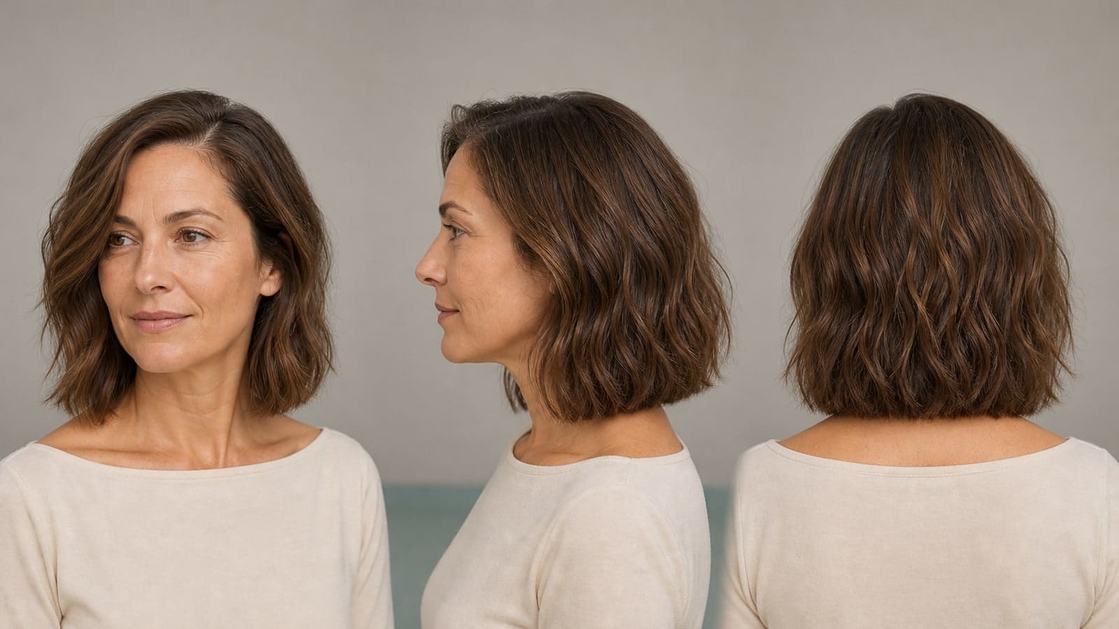 Matched front three-quarter, profile, and back views of one medium-brown collarbone lob with long layers, a softly blunt perimeter, and lower-half volume