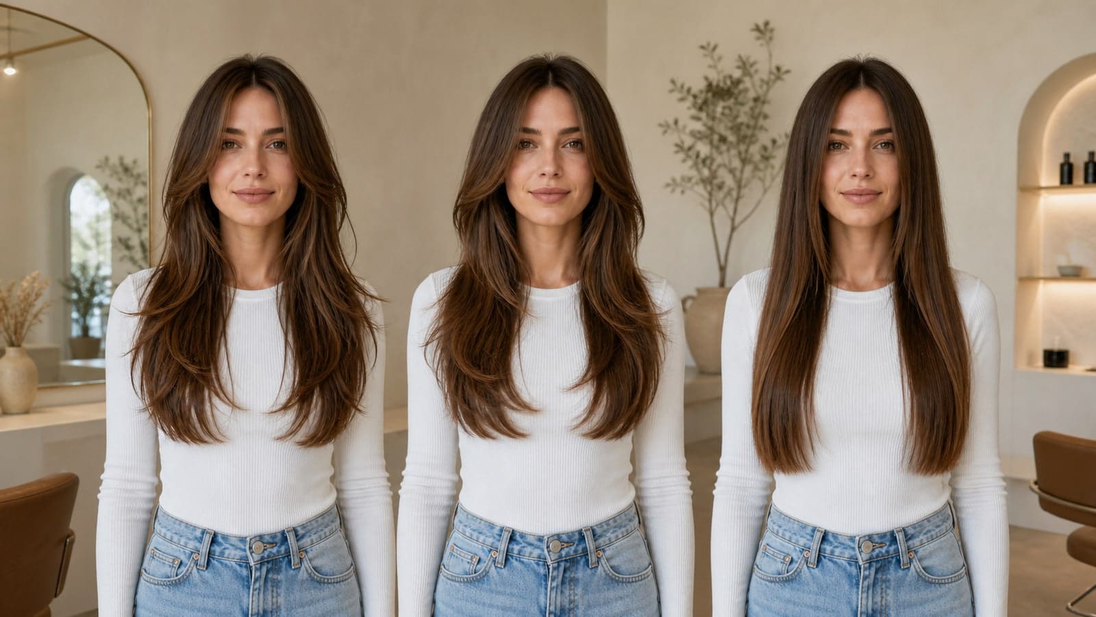 Same-model comparison of long haircuts for women: layers, shape, and movement silhouettes in one salon scene