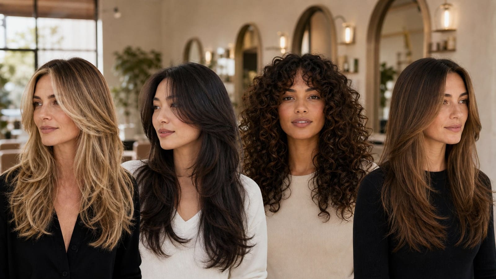 Distinct long haircuts for women: layers, shape, and movement styling options shown in one salon scene