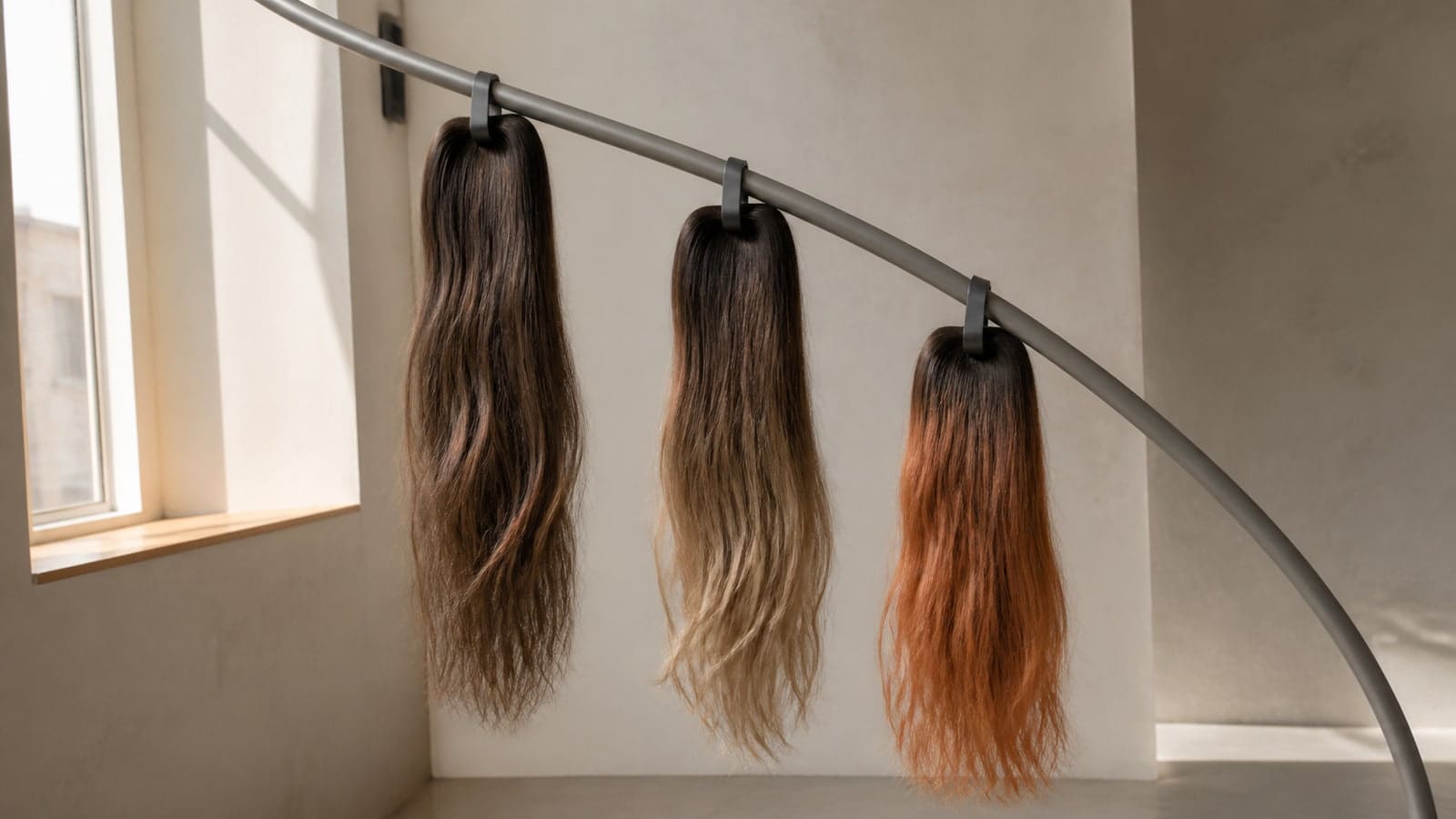 Three suspended hair sections showing close-to-base brunette dimension, brunette-to-beige balayage, and copper lengths with a dark regrowth band