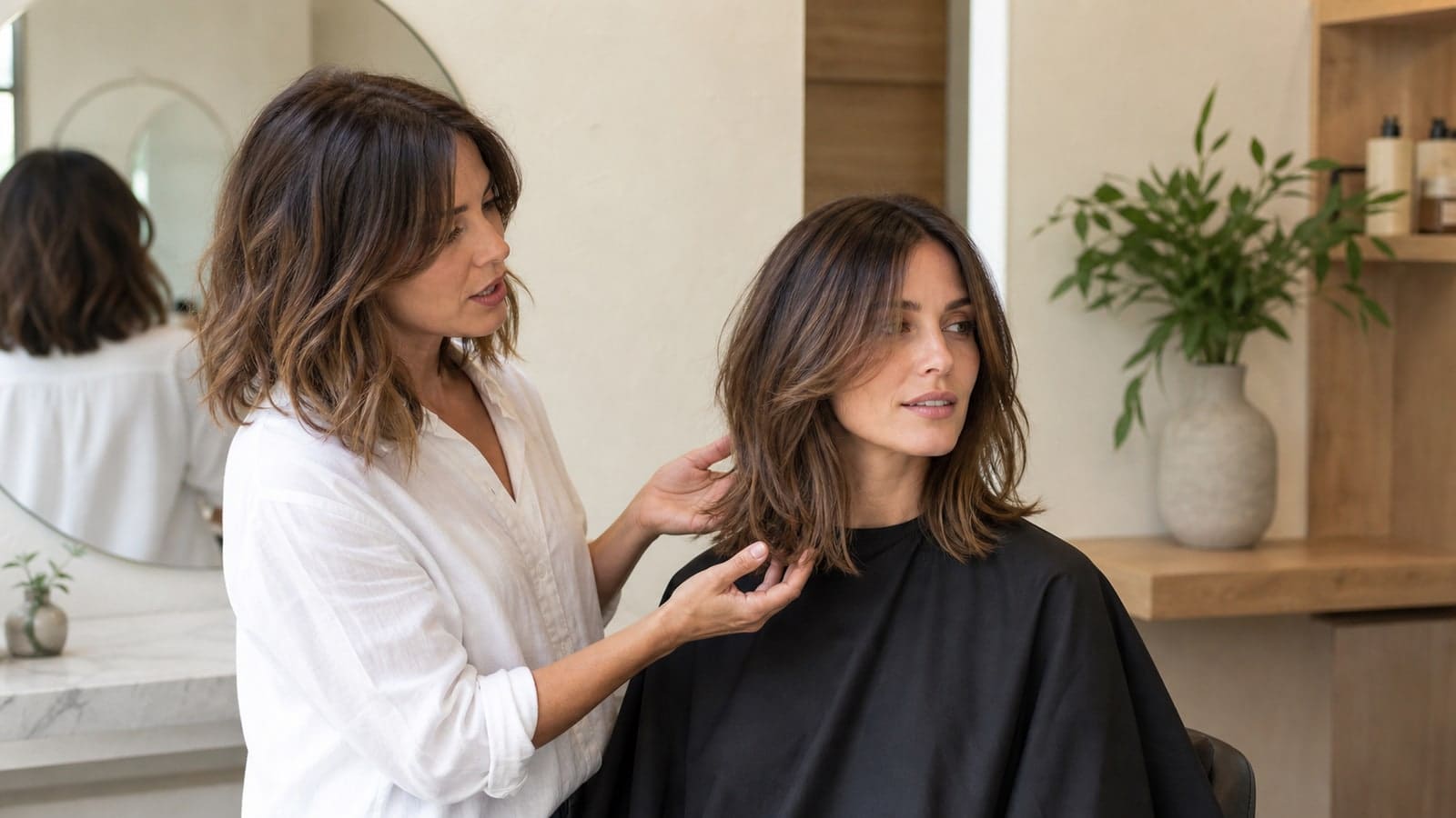 Salon consultation showing medium-length haircuts for women haircut options and silhouette