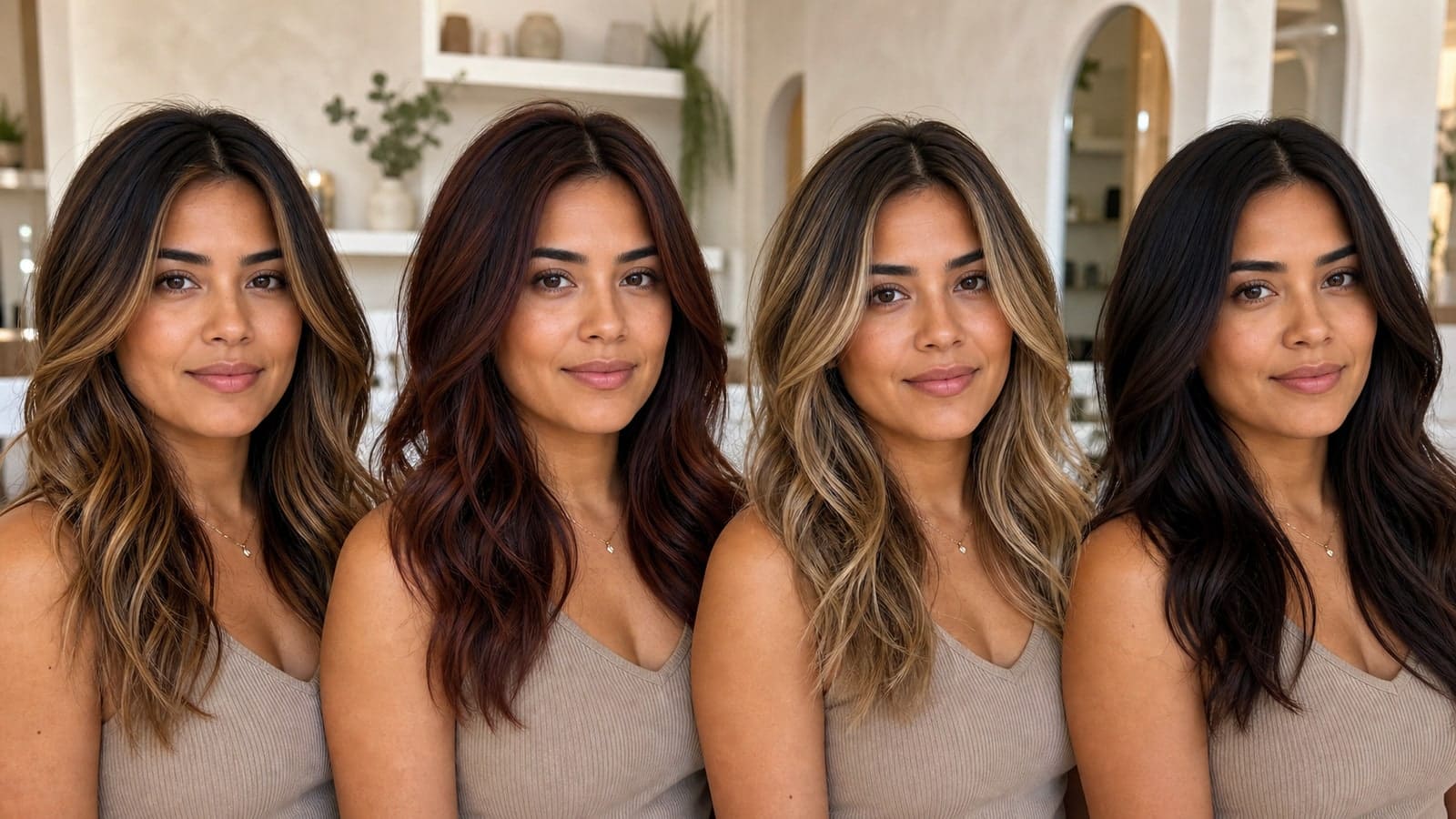 The same woman with medium skin shown in caramel brunette, copper-brown, beige-highlighted brunette, and deep espresso hair under consistent salon light
