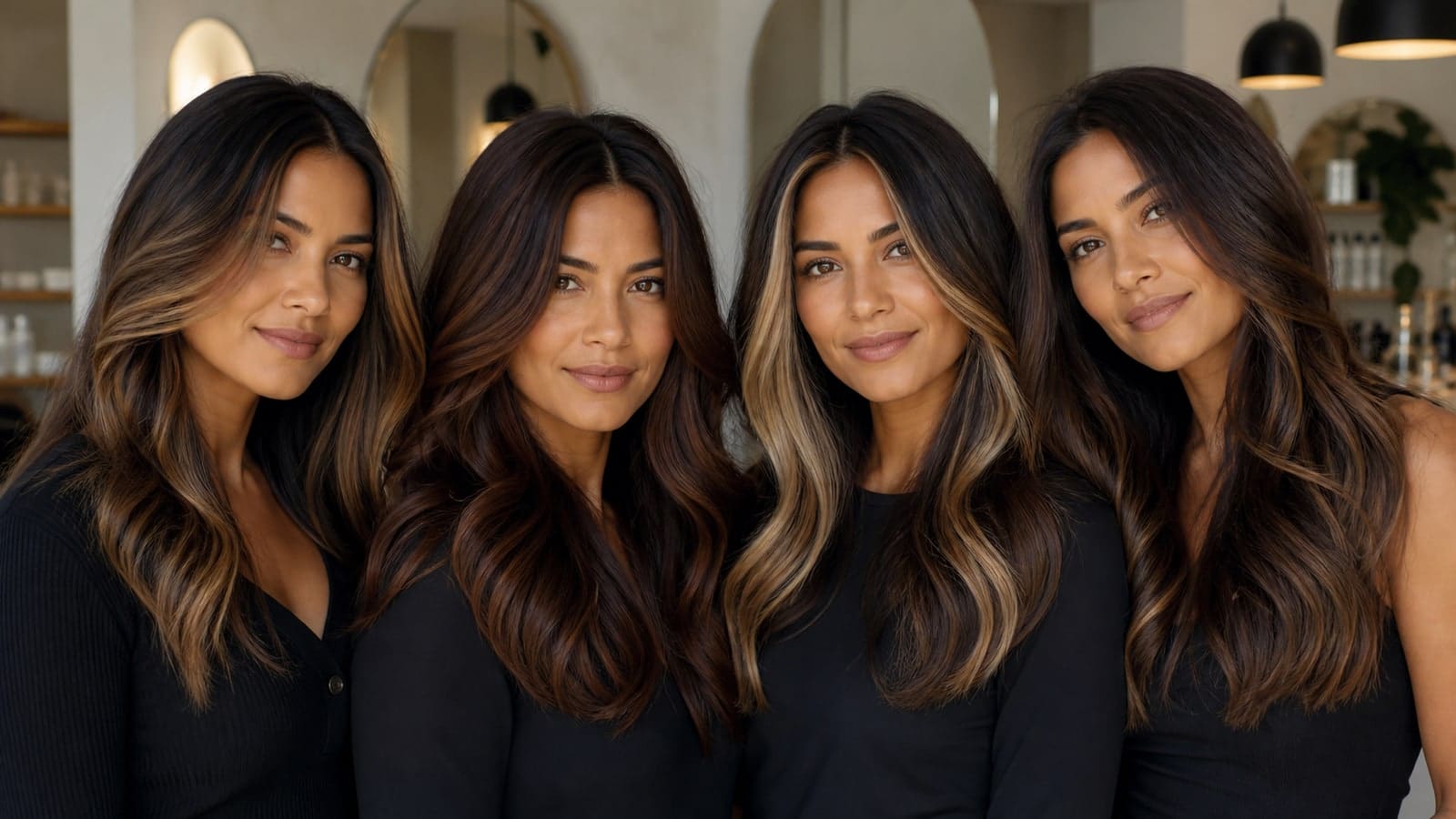 Four women with medium skin show brunette dimension through shadow roots, rich mid-tones, face-framing blonde accents, and restrained balayage