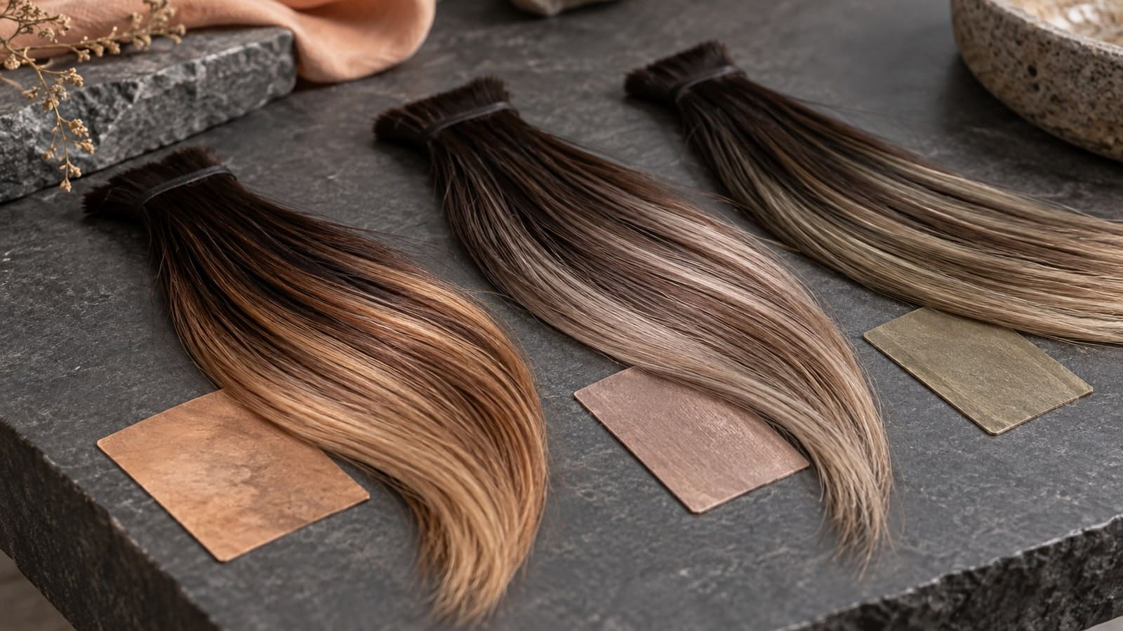 Three brunette hair swatch groups shift toward warm caramel, cool beige, and muted neutral highlights beside medium-depth material swatches