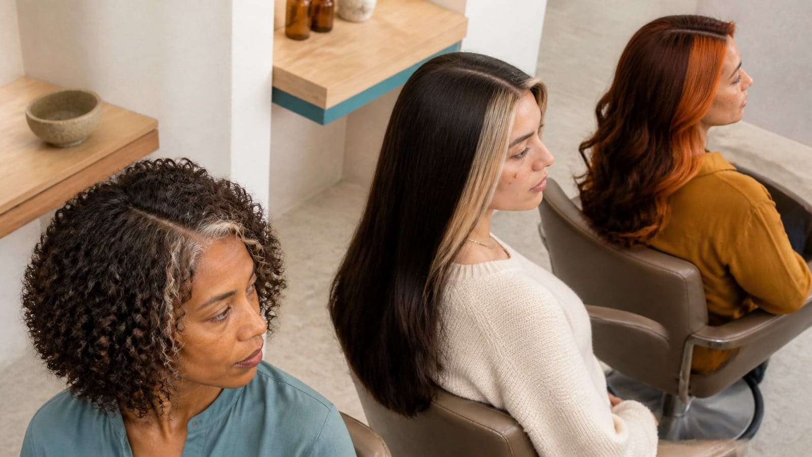 Three close hair studies compare fine beige face-framing ribbons, a wide pale-blonde money-piece panel on brown hair, and a solid copper block-color section