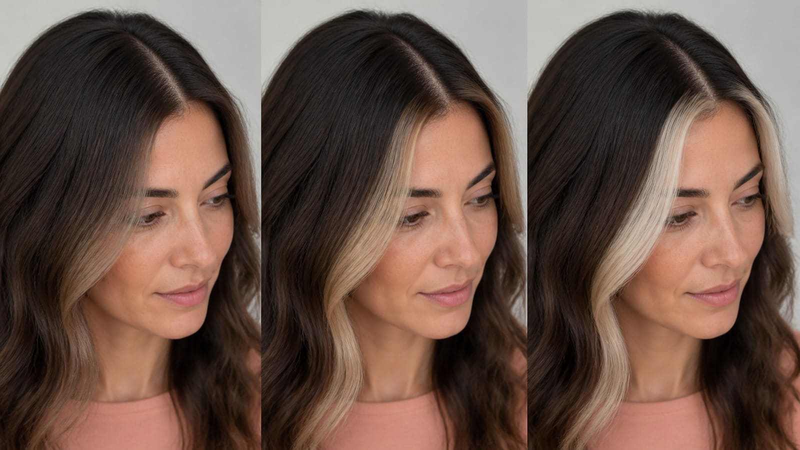 One brunette model shown with narrow low-contrast, medium blonde, and wide high-contrast money-piece panels with increasingly crisp roots