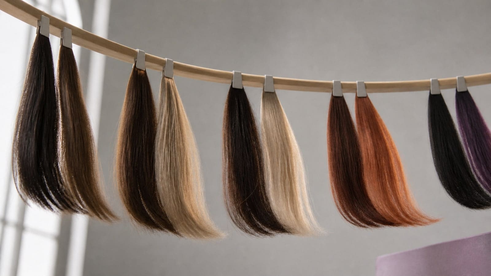 Five paired hair samples compare deep bases with narrow chestnut, beige blonde, wide pale blonde, copper, and muted violet money-piece directions