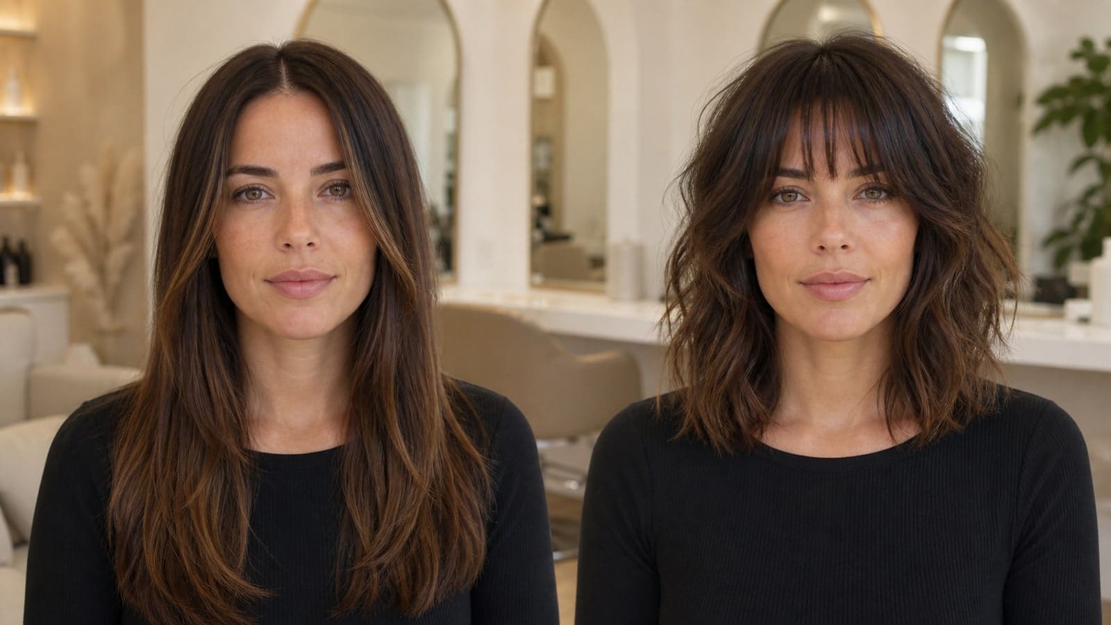 The same woman shown with three different salon hairstyles under consistent lighting