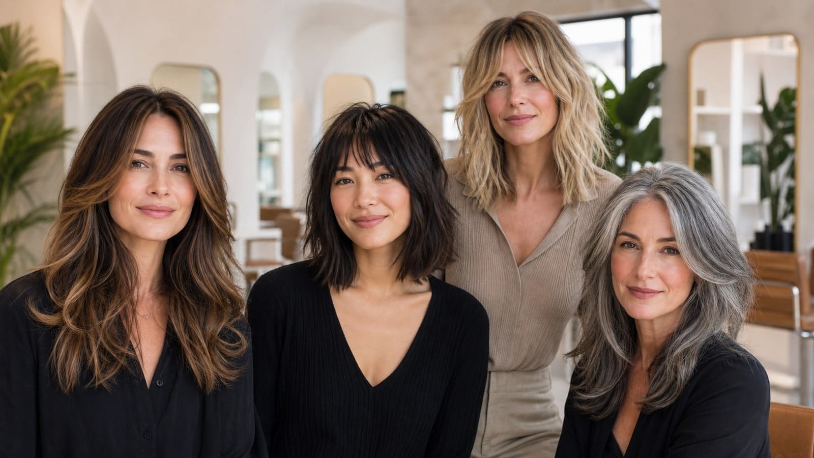 Four women in a salon with distinct bob, wavy, layered, and fringe hairstyles
