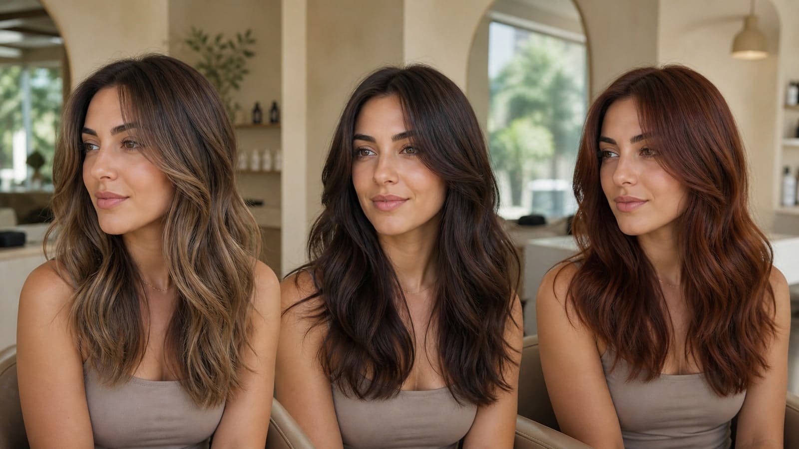 The same olive-skinned woman shown with muted beige bronde, deep neutral brunette, and copper-brown hair under stable salon light