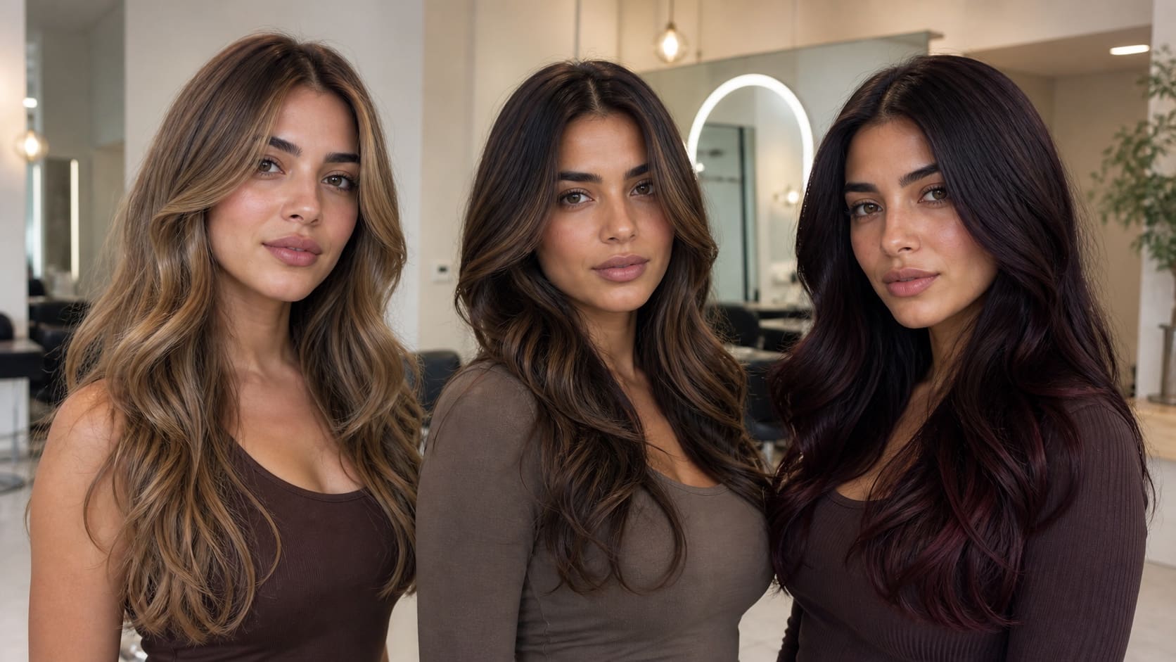 Three women with olive skin wear muted beige bronde, deep neutral brunette, and cool burgundy waves in salon light