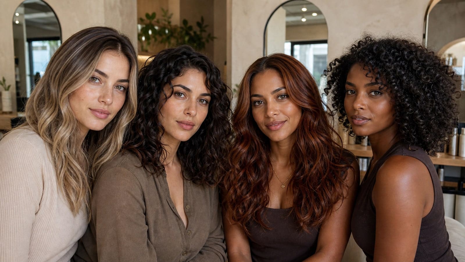 Four women with fair, medium, medium-deep, and deep olive skin wear muted beige waves, neutral dark curls, copper-brown waves, and cool black curls