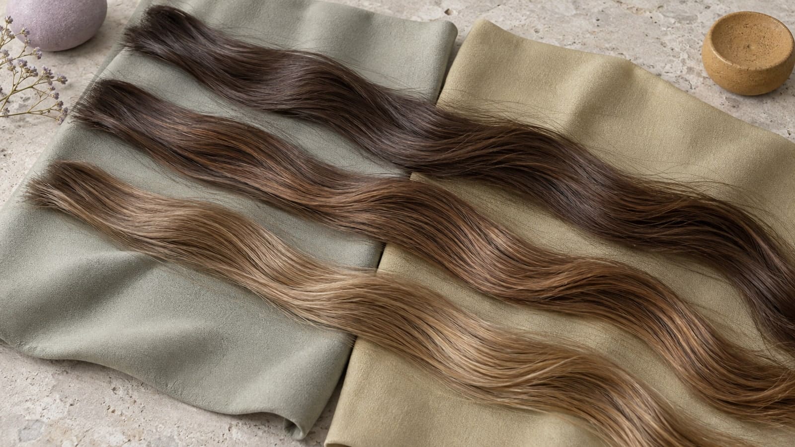 Three realistic mocha, caramel-bronze, and golden-toffee hair tresses cross cool gray-olive and warm golden-olive complexion drapes under the same neutral studio light