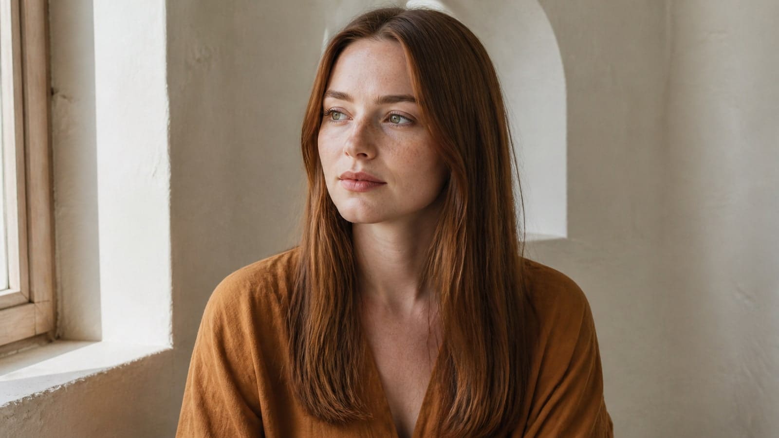 Oval-like face with an open forehead, center part, straight copper-brown lengths, low side volume, and complete below-shoulder ends