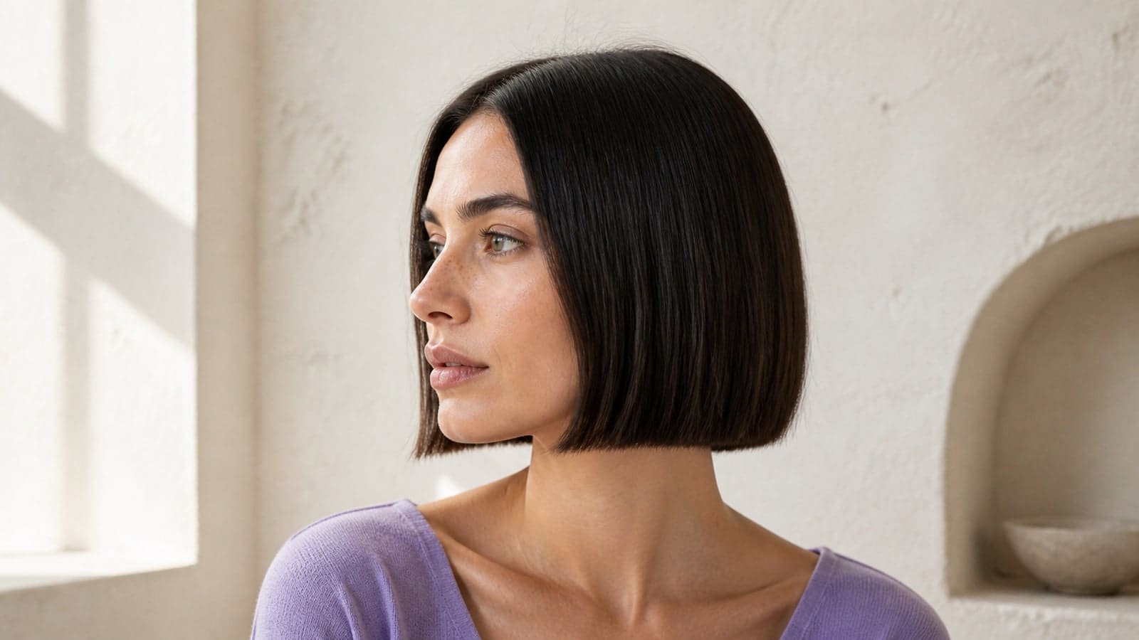 Oval-like face in profile with a center-parted straight bob and a complete blunt perimeter at the chin