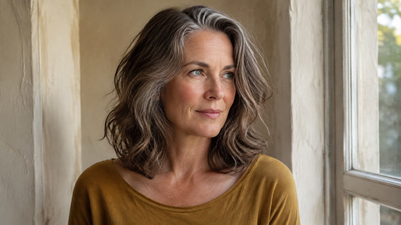Oval-like face with a salt-and-pepper collarbone lob, off-center part, and softly expanded side volume